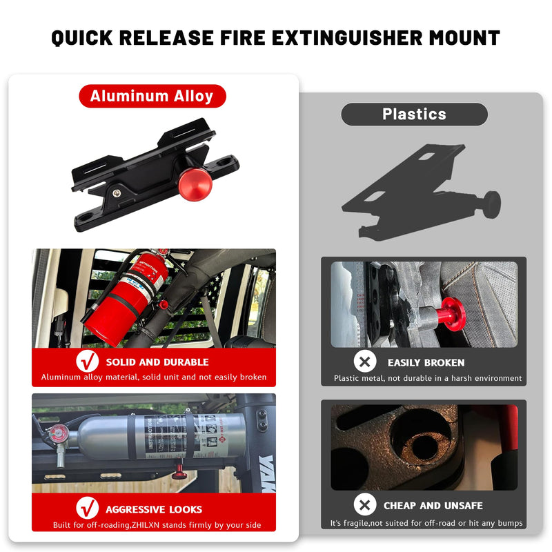 Quick Release Fire Extinguisher Mount - Aluminum Adjustable UTV Roll Bar Fire Extinguisher Holder Mounting Bracket for Jeep Wrangler TJ JK JL JKU Polaris RZR Ranger Cam-Am X3 Universal