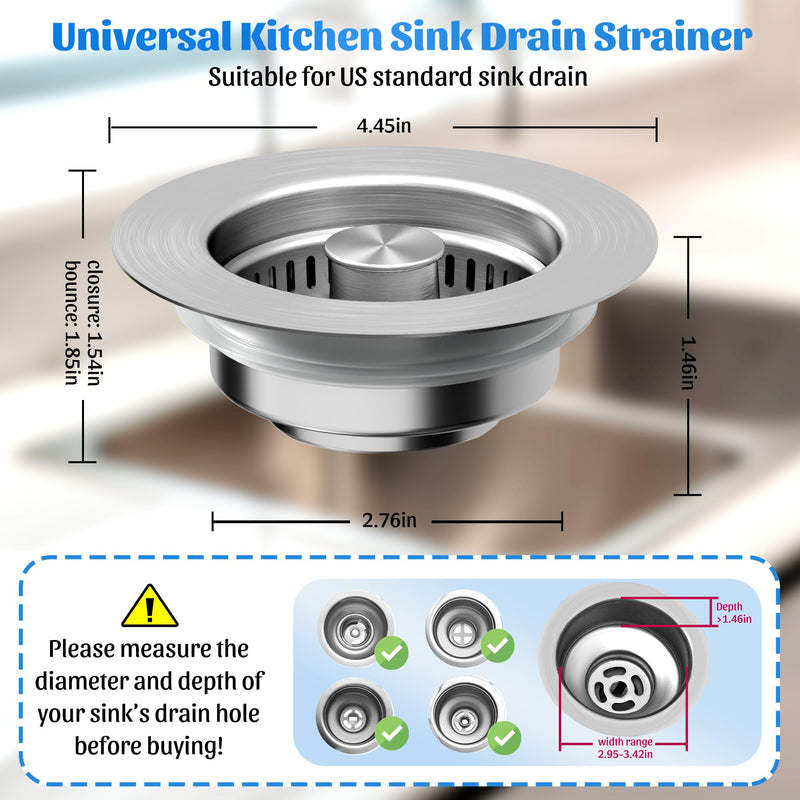 Kitchen Sink Drain Strainer - 2-Pack 3-in-1 Stainless Steel Kitchen Sink Stopper Pop-Up Sink Drain Strainer Basket Kitchen Sink Strainer Stopper Filter for US Standard 3-1/2 Inch Drain Silver-2pack