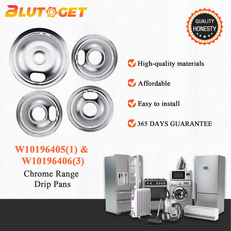 W10196405 W10196406 Chrome Drip Pans Kit by Blutoget -Compatible for Whirlpool Electric Range Burner -Replaces 0089285 0091813 0304979 0310228 -Includes an 8-Inch and 3 6-Inch Electric Stove Drip Pans