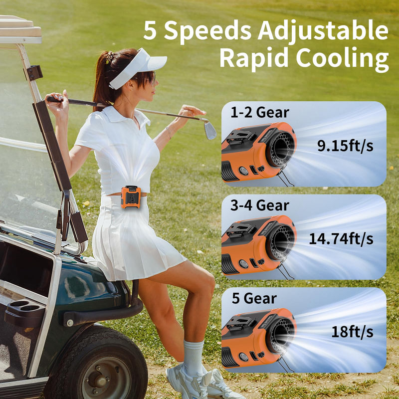 Socool 10000mAh Portable Waist Fan Clip on Wearable Belt Personal Fan Rechargeable Battery Operated with 5 Speeds & Flashlight Neck Hands-Free 40H Cooling for Outdoor Travel Power Bank (Orange) Orange