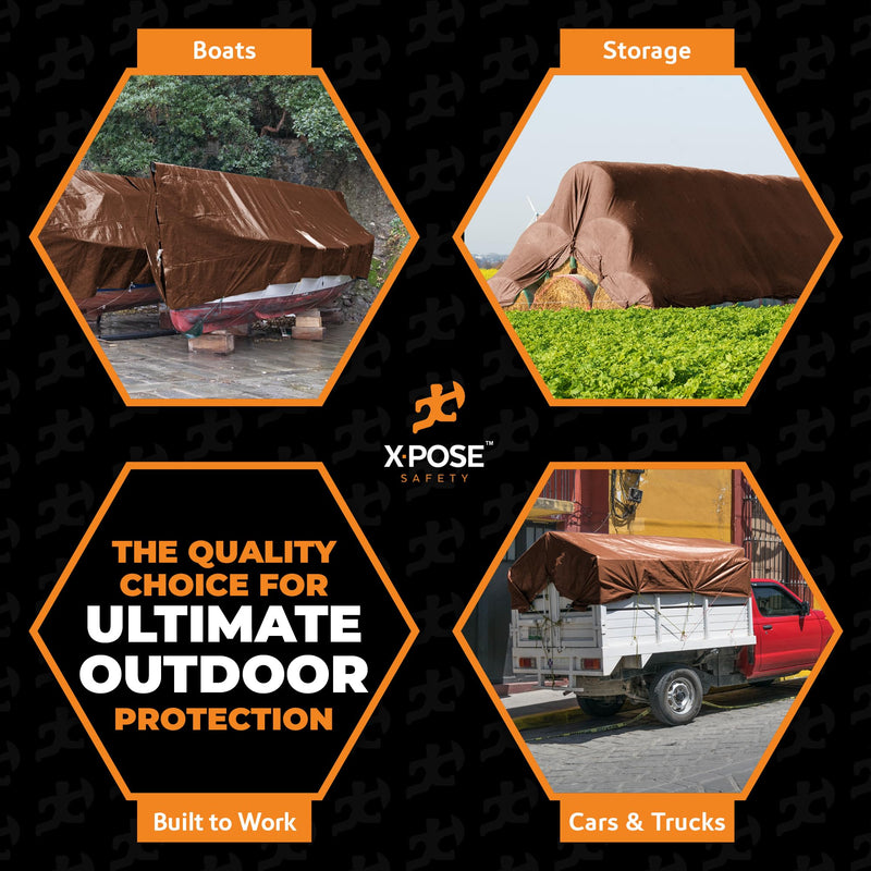 6' x 8' Super Heavy Duty 16 Mil Brown Poly Tarp Cover - Thick Waterproof, UV Resistant, Rip and Tear Proof Tarpaulin with Grommets and Reinforced Edges - by Xpose Safety 6' x 8'