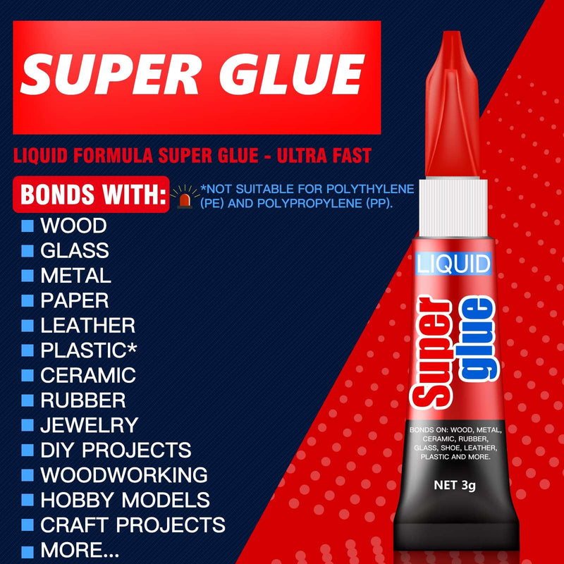3 Gram (Pack of 6) Single Use Super Glue Liquid, Super Fast, Thin & Strong Adhesive Superglue, Cyanoacrylate Glue for Hard Plastics, DIY Craft, Ceramics, Leather, Metal Etc Pack of 6