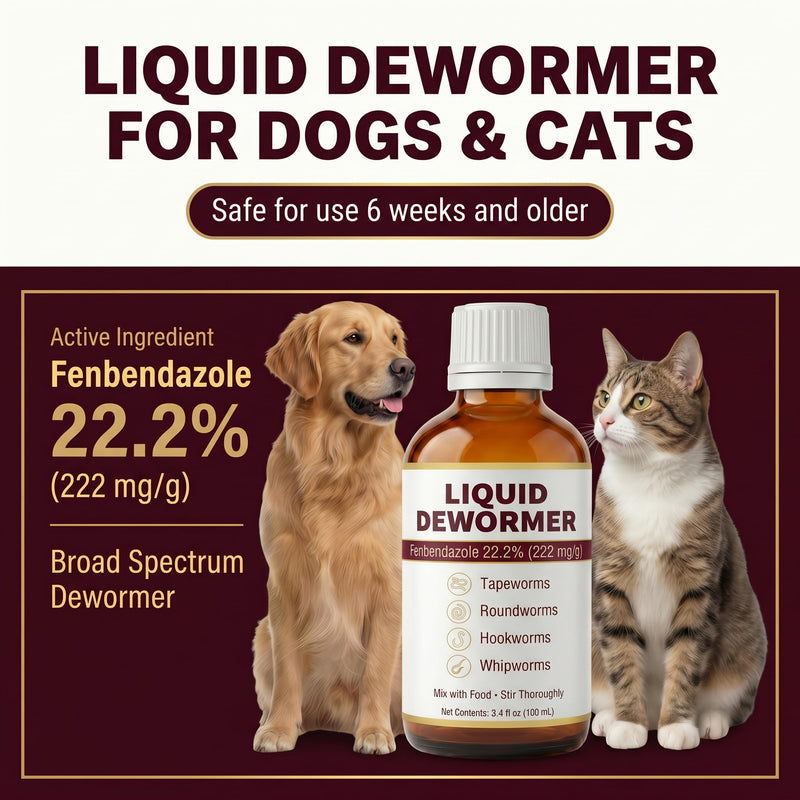 Liquid Dewormer for Cats and Dogs - Fenbendazole 22.2% - Targets Tapeworms, Roundworms, Hookworms & Whipworms - Broad Spectrum for Cat & Dog - 3.4 fl oz (100 mL) with Syringe