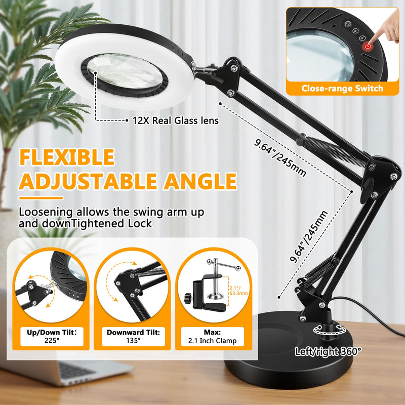 12X Magnifying Glass with Light and Stand, 9 Dimmable Brightness, 5 Color Modes, Hands Free Metal Magnifying Lamp with Clamp for Craft Reading Painting Sewing Hobby Close Work