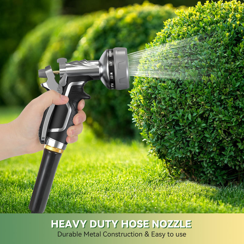 Garden Hose Nozzle, Heavy Duty Metal Water Hose Nozzle with 8 Adjustable Spray Patterns, High Pressure Hand Sprayer with Flow Control for for Garden Watering, Car & Pet Washing Black
