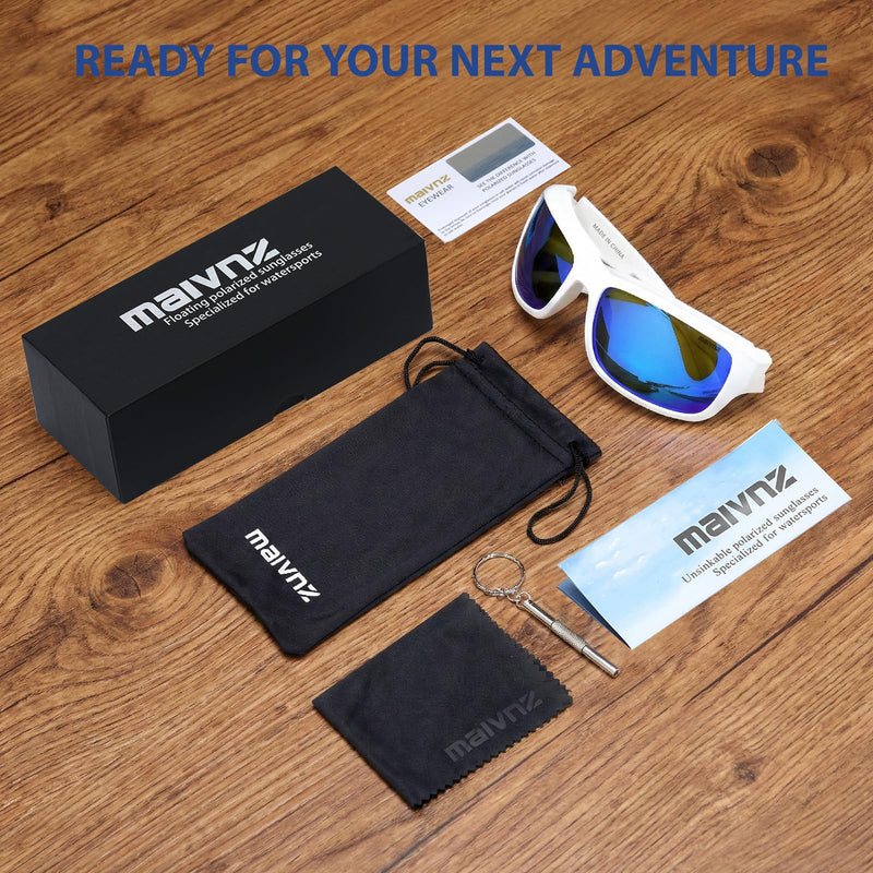 maivnz Floating Polarized Fishing Sunglasses for Men Women, Unsinkable UV400 Sports Glasses for Kayaking, Boating & Surf White Frame Blue Revo