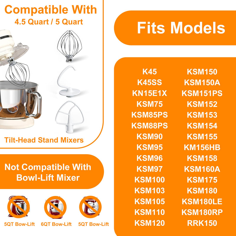 Funmit Mixers Accessories K45WW Wire Whip K45DH Dough Hook K45B Coated Flat Blade Paddle with Scraper Replacement for Kitchen Tilt-Head Aid Stand Mixer Attachments- Stainless Steel Aluminum