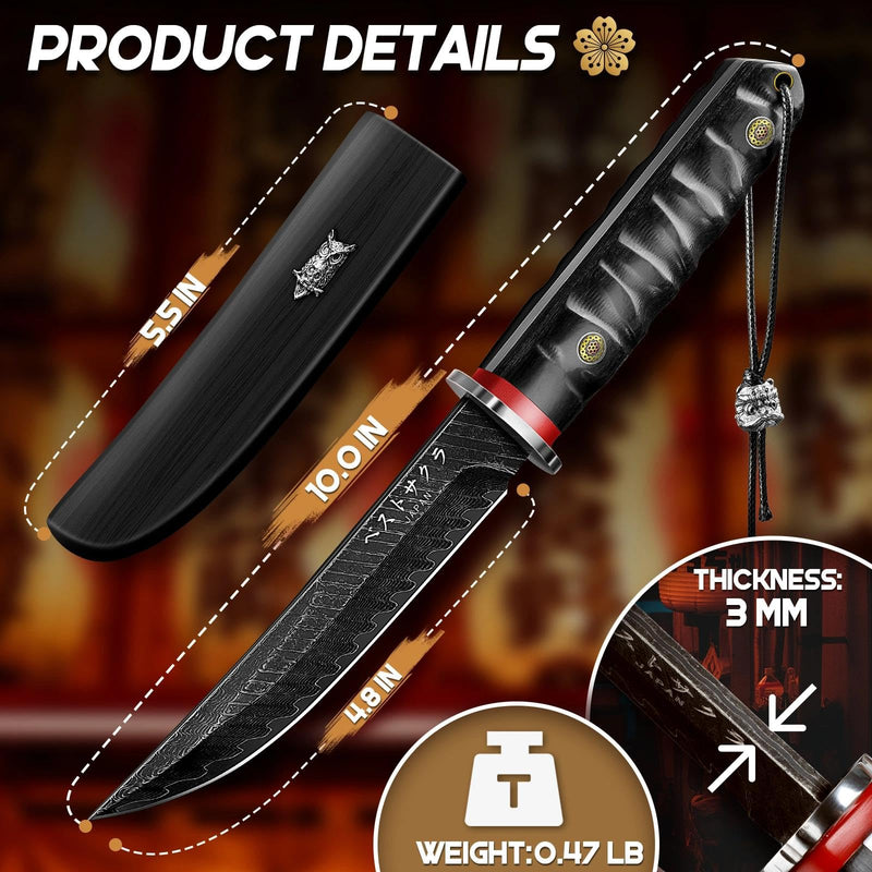 Purple Dragon Japanese Fixed Blade Knife - Fathers' Day Gift Idea for Dad with Gift Box - Samurai Katana Knife with Wooden Sheath - Razor Sharp Camping Knives for Survival Bushcraft