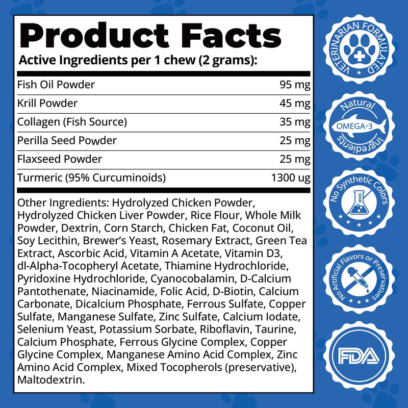 Omega-3 Skin & Coat Soft Chews for Dogs -120 Count, 2-Month Supply -Salmon Oil + Krill + Flaxseed with Turmeric & Green Tea -Itch Relief, Shedding Control & Healthy Coat for All Breeds