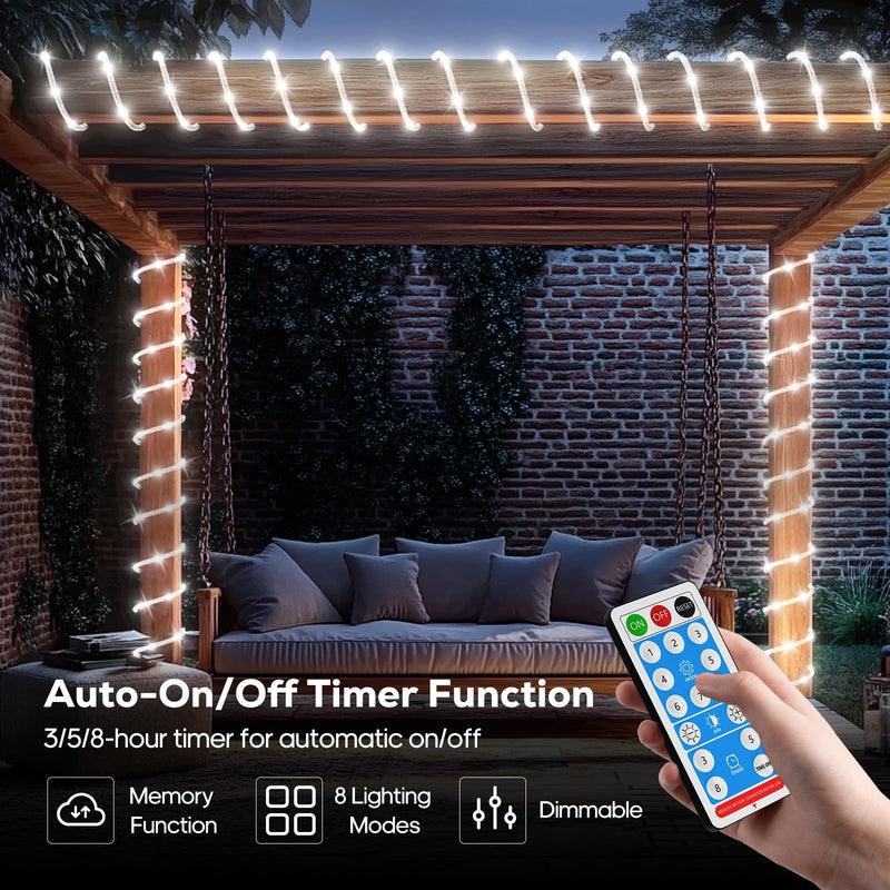 ICRGB 66FT 200LED Solar Rope Lights, Outdoor Waterproof Solar Lights with Remote, IP67 Solar Powered String Lights with Timing & 8 Modes for Garden Tree Pathway Yard Pool RV Christmas Decor, White