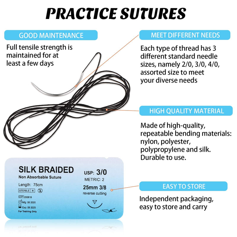 WILLBOND Suture Practice Kit Suture Thread with Needle Suture Training Assorted 2/0, 3/0, 4/0 Military Tactical Drill Camping Survival Demo Education Travel Safety for Nursing Surgical Student
