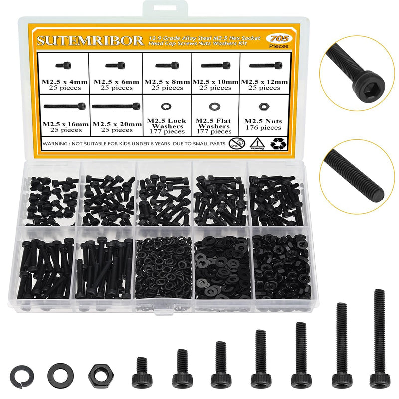 705 Pieces M2.5 Screws Nuts Washers Set Black, Sutemribor M2.5 x 4/6/8/10/12/16/20mm Hex Socket Head Cap Screws Nuts Washers Assortment Kit, 12.9 Grade Alloy Steel, Fully Threaded M2.5 Screws Kit