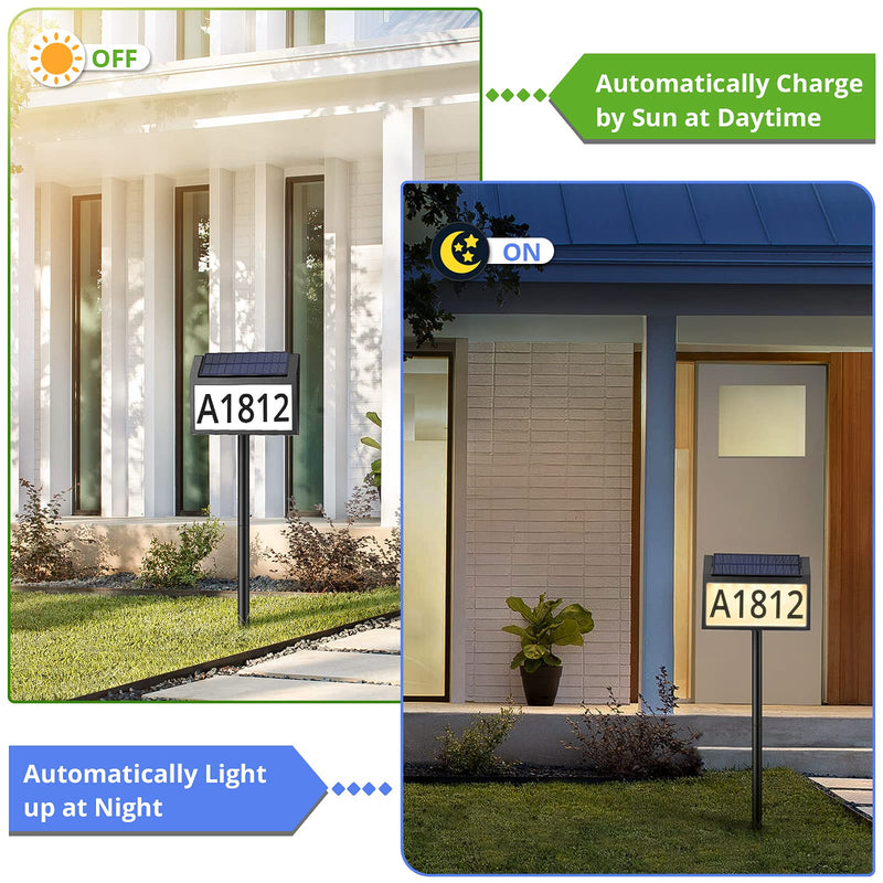 MAXvolador Solar Address Sign Lighted House Numbers Waterproof, Solar Powered LED Illuminated Address Plaques with Stakes, 3-Color in 1 Address Number