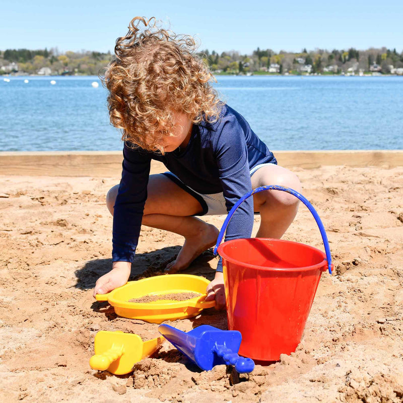 Spielstabil Large Sand Toys Bundle for Kids - Heavy Duty Sandbox Toys with Large Pail, Sieve, and 2 Scoops, Kids Summer Toys for Beach, Colors Vary, Ages 2.5 and Up