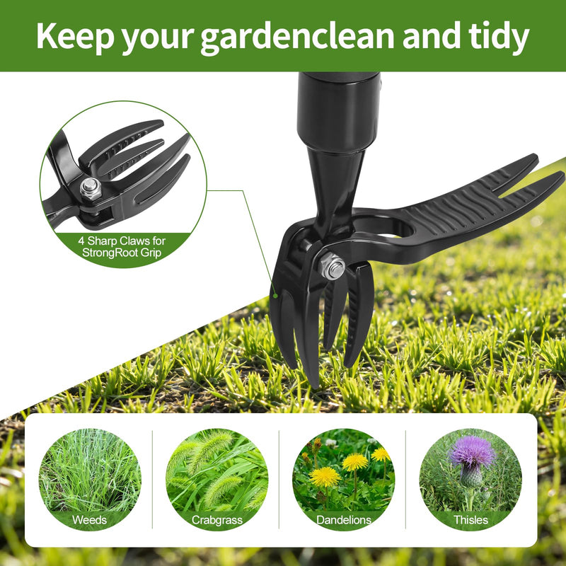 Hoffen Adjustable Stand Up Weeder (33-55 Inch), Lightweight Aluminum Weed Puller Tool, Telescoping Rotating Handle, 4-Claw Rust-Free, Corrosion-Resistant Gardening Tool for All Ages, Easy to Store