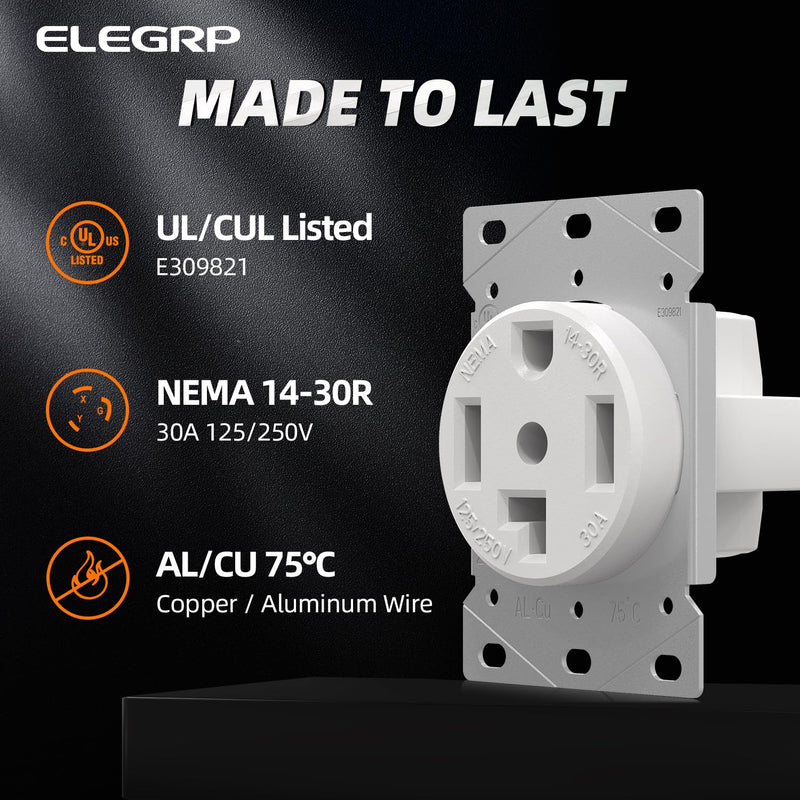 ELEGRP White 30 Amps 125/250V Dryer Outlet, Flush Mounting Power Outlet, NEMA 14-30R, Straight Blade Heavy Duty Dryer Receptacle, Grounding, 3 Pole 4 Wire, UL Listed, 1 Pack NEMA 14-30R Outlet