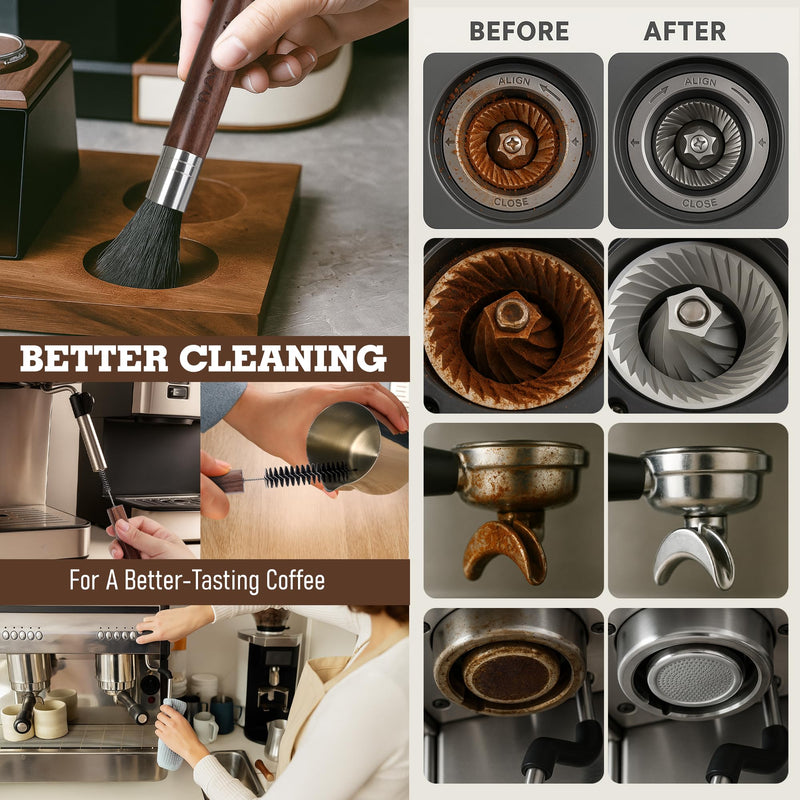 Takavu Coffee Grinder Cleaning Kit – 5pcs Boar Bristle Grinder Brush, Detail Scrub Brush, Steam Wand Brushes & Microfiber Towel for Espresso Machine Coffee Maker Pour Over