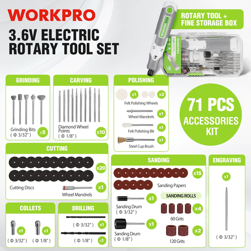 WORKPRO Cordless Rotary Tool Kit with 71pcs Accessories, 3 Variable Speeds, USB Rechargeable Mini Rotary Tool for Engraving, Sanding, Polishing, Carving, Cutting, DIY Crafts White