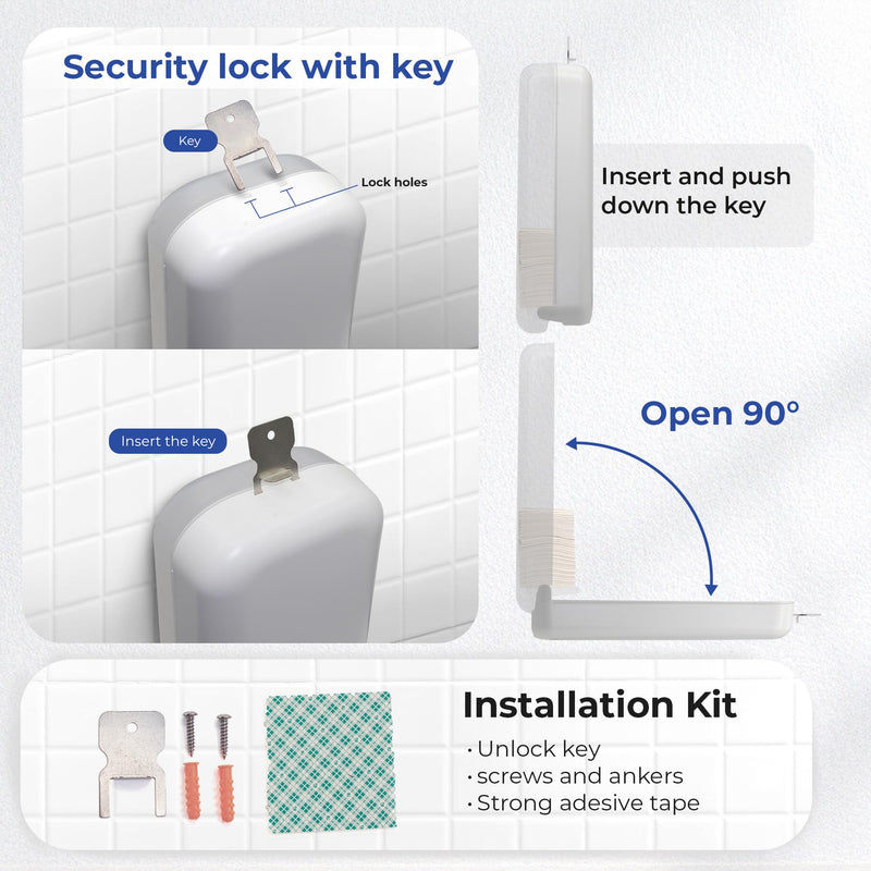 MOTIVE Shabbos Toilet Paper Dispenser, Holds up to 600 Sheets, Pre Cut Shabbos Tissue Dispenser with Lock Key, Adhesive or Drilling Compact Wall Mount, Easy Installation for Bathroom (White)