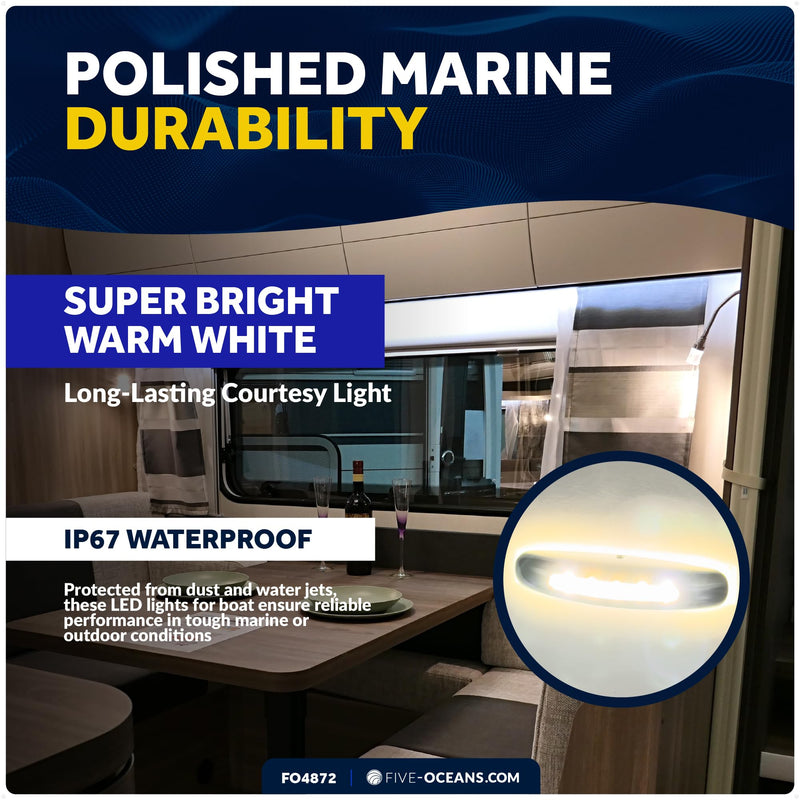 Five Oceans 3-Inch LED Boat Courtesy Light, Warm White, IP67 Waterproof, 12V - 2-Pack, Premium Chrome Plated Zinc Alloy, Marine Interior Lighting for Pontoon, Boat, RV - FO4872 Warm White LED
