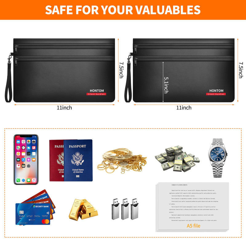 6400℉ Fireproof Money Bags 2 Pack with Hidden Dual Zipper, 11x7.5 Inch Fireproof Cash Wallet with 12 Layers Heat Insulated, Fire Safe Pouch with Valuables for Passports, Jewellery, Bill etc. Black Small - NewNest Australia