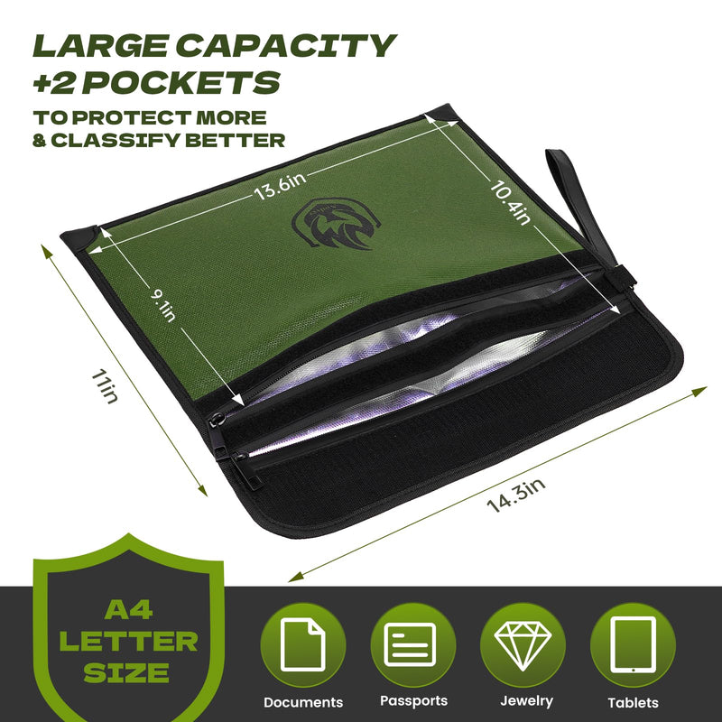 2 Pockets Fireproof Document Bag 6200°F, 10 Layers Waterproof Fireproof Money Bag for Cash with Reflective Strip, Heat Insulated Waterproof Document Holder Pouch, Fire Safe Storage (Green) Green