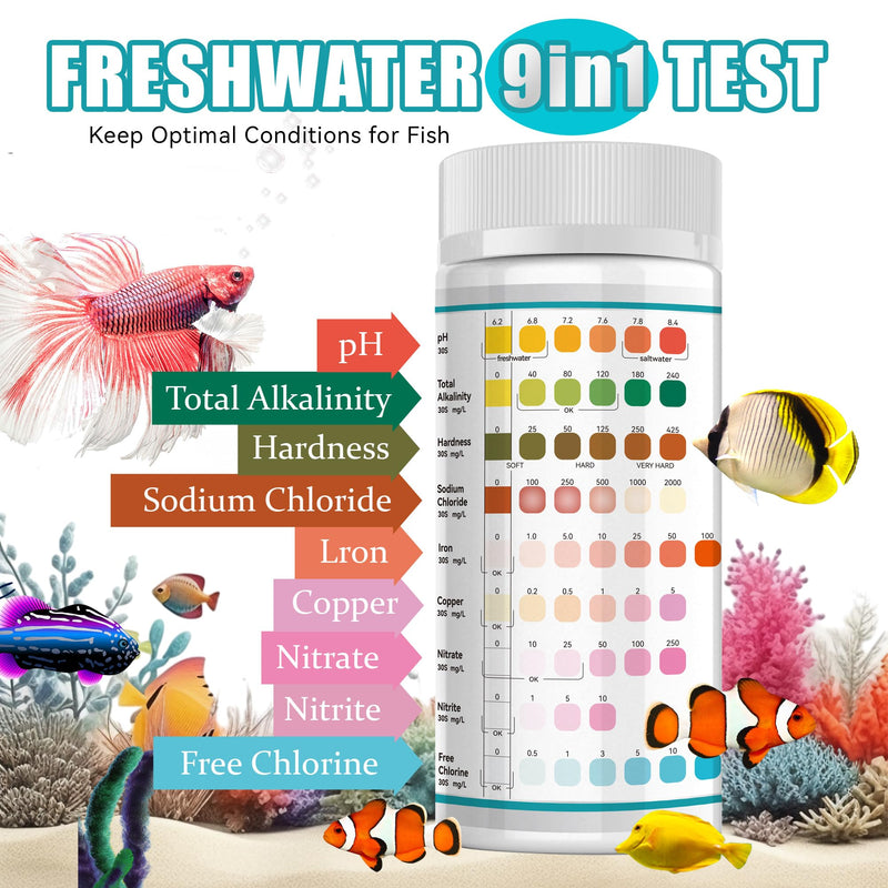 Aquarium Test Strips, 9 in 1 Fish Tank Test Kit for Freshwater Ponds, 150 ct Quick & Accurate Water Testing Iron Copper Sodium Chlorine Nitrate Nitrite Total Alkalinity Hardness Free Chlorine pH 9 IN 1 aquarium test strips