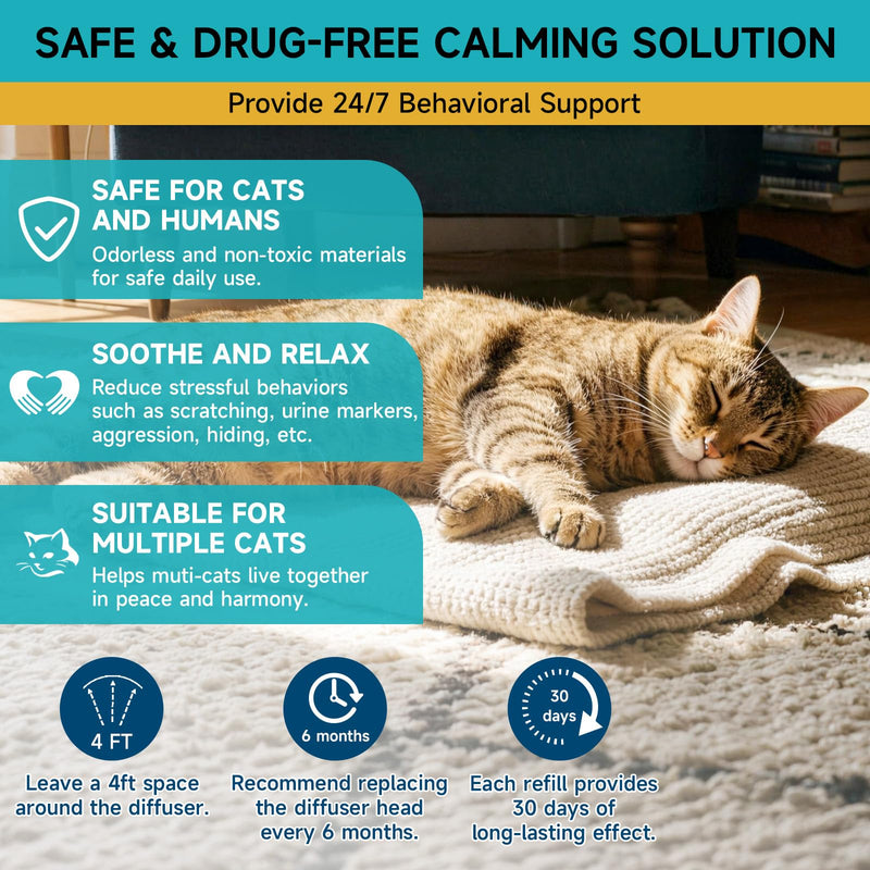 3-in-1 Cat Calming Diffuser, Cat Pheromones Calming Diffuser for Cat Anxiety Relief, Cat Pheromone Diffuser with 1 Diffuser + 2 Refills 48ml Vial, 60 Days Pheromone Diffuser to Calm Cats & Multi-cat 1 Diffuser, 2 Refills