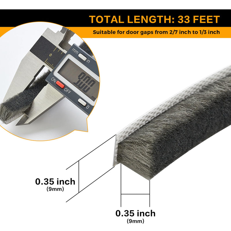 33 Ft Window Seal Strip, 0.35 inch x 0.35 inch Sliding Door Weather Stripping Window Seal, Pile Self Adhesive Window Weather Stripping,Door Noise Blocker, Grey 0.35" x 0.35" x 33FT Gray