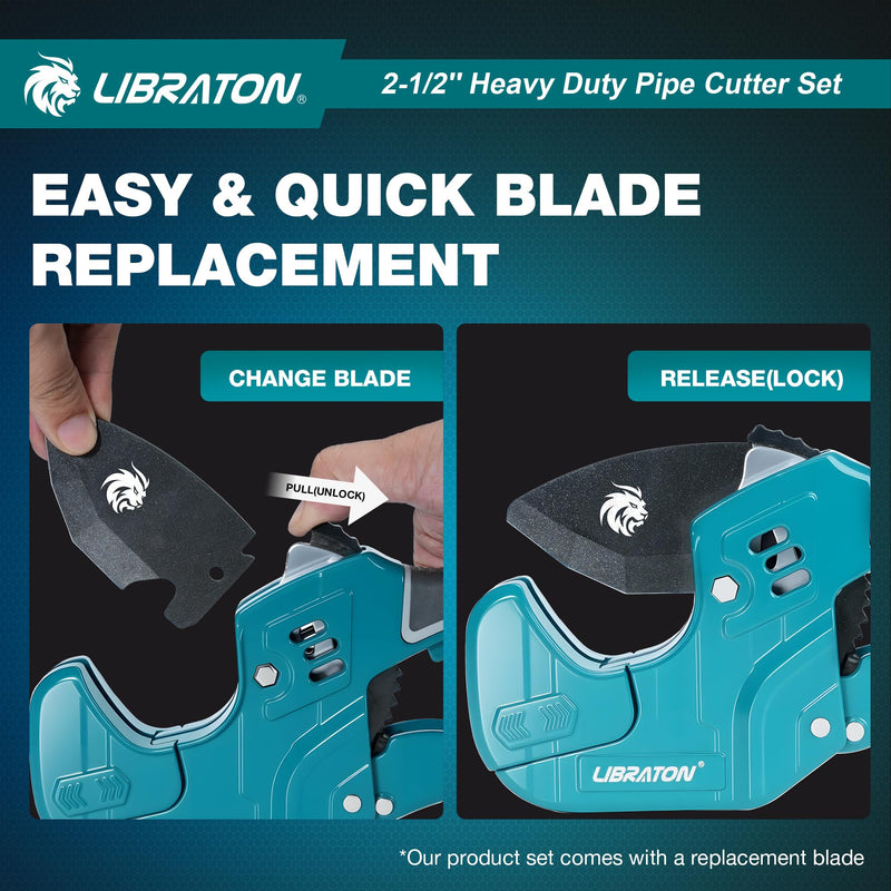 Libraton PVC Pipe Cutter, Up to 2-1/2", Ratchet Pipe Cutter Tool for PEX, PVC, PPR Plastic Hoses Plumbing, Heavy-Duty Pipe Cutter with Deburring Tool Replacement Blade, 2 Adjustable Cutting Ranges 2-1/2"(63mm)