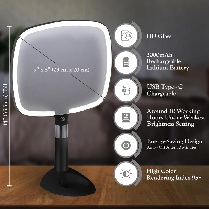 MIRRORVANA Lighted Travel Makeup Mirror - 2 in 1 Handheld & Tabletop LED Mirror with 3 Light Modes, Detachable Stand, and Comfy Handle - 9" x 13" (Black) Negro