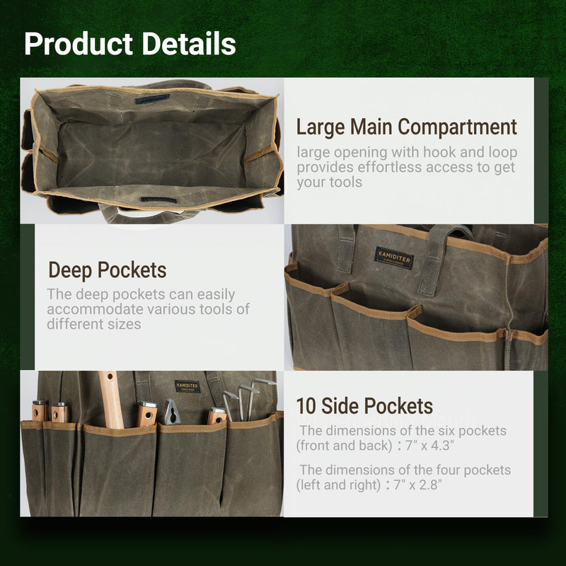 Waxed Canvas Tool Bag Tote, 14 Inch Heavy Duty Tool Organizer with 10 External Pockets & 1 Large Compartment, Army Green