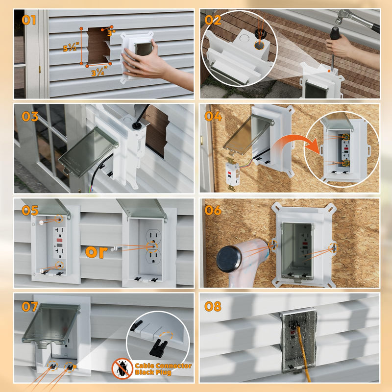 Recessed Outlet Box, DBVS1C-1 Low Profile Electrical Outlet Box, Wall Plate Kit for New Vinyl Siding, Enclosed Weatherproof Outlet Box with Duplex & Decorator Style Covers, 1-Gang, Vertical, Clear Vertical; 1-Gang