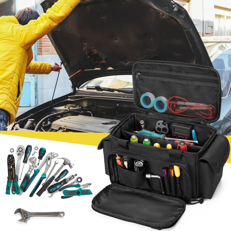 Small Tool Bag with Anti-friction and Thick Padded Bottom, Tool Storage Organizer for Men, Tactical Bag, Range Bag, Multi-functional Work Bag for Repairman, Electrician, Carpenters, Handyman Black