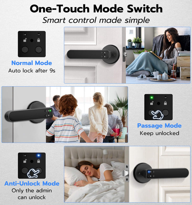 Anweller H1 Fingerprint Door Handle Lock, Smart Keyless Entry Door Knob Lock, Door Lever Locks for Bedroom, Bluetooth App Control Doorknob, Display Screen, RFID Card, Code Keypad - Black