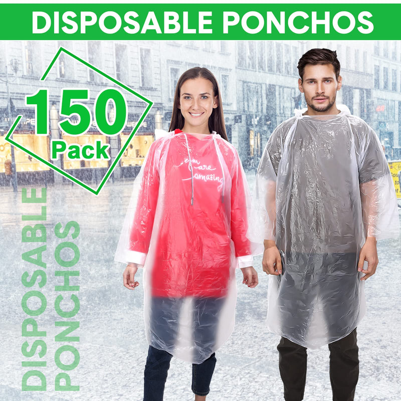 Pasimy 150 Pcs Disposable Rain Ponchos Bulk for Adults Emergency Ponchos with Hood for Man Women Travelling Camping Hiking Clear