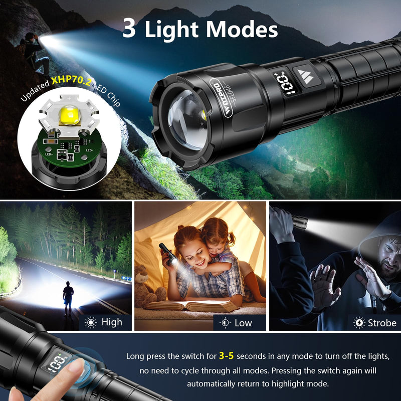 Wdtpro LED Rechargeable Flashlight 2Pack, 3Modes Super Bright High Lumens Flashlights, Zoomable Tactical Flashlight with LCD Display, IP65 Waterproof Flashlights for Home Emergency Camping & Gifts Men Black 2 PACK