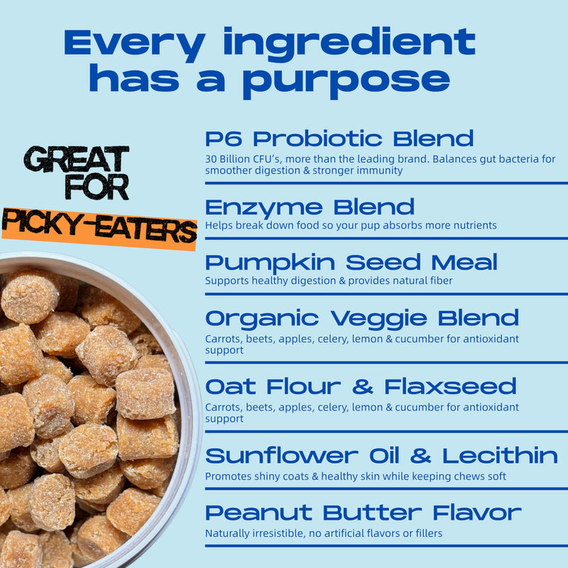 Probiotics for Dogs – Gut Health by Happy Dog | Organic, Vegan Probiotic Soft Chews with Prebiotics for Digestion, Immunity & Itchy Skin Relief | 120 Soft Chews Peanut Butter Flavor