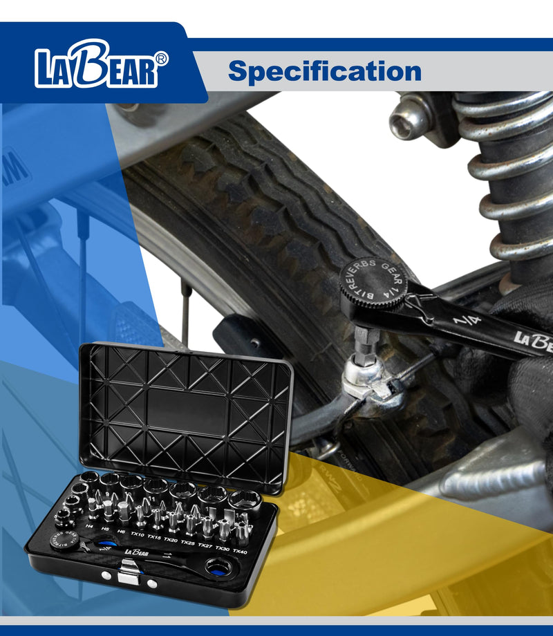 LABEAR Low Profile 2-in-1 Ratchet Wrench Set, 1/4" Bits & Sockets | 31pcs kit, Non-slip socket grip, 90T/120T dual ratchets, Supa-Grip profile, 18mm stubby reach, case included