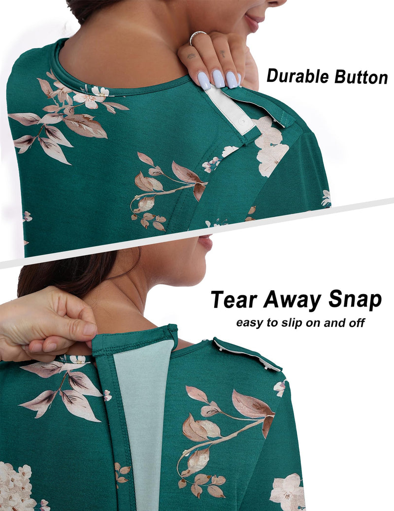 Deyeek Hospital Gowns for Women Tear Away Snap Long Sleeve Open Back Dress Nursing Gowns Post Shoulder Surgery Dress Green Print Large
