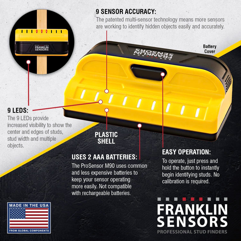 Franklin Sensors ProSensor M90 Stud Finder with 9-Sensors, Wood & Metal Stud Detector/Wall Scanner, Made in The USA Yellow