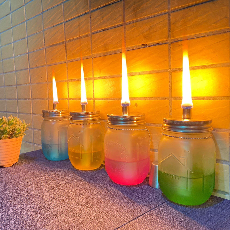 Mason Jar Tabletop Torch Kits,4 Pack Longlife Fiberglass Wicks,Stainless Steel Mason Jar Lids Caps Included,Outdoor Deck Oil Lamp Torch