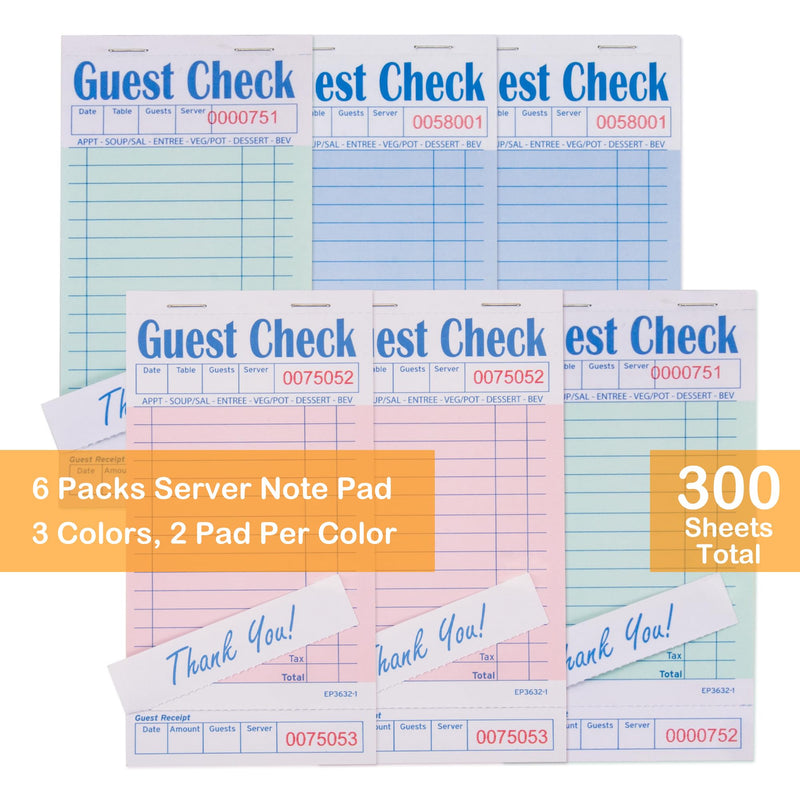 Guest Checks Note Pads - 6 Pack, 300 Sheets, Thick Paper, 3 Assorted Colors, 3.5'' x 6.75'' (EP-3632-1)