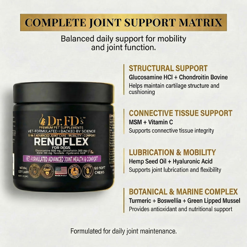 Dr. FD’s RenoFlex Dog Joint Supplement for Medium & Large Breeds, Hip and Joint Support Soft Chews with Glucosamine, Chondroitin, MSM and Turmeric, Daily Mobility Support, 120 Soft Chews
