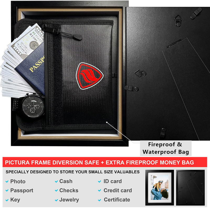 Photo Picture Frame Diversion Safe with Fireproof & Waterproof Money Bag, Valuable Storage, Home Security, ANZAKY Mini Box with Hidden Compartment to Shield your Money, Cash, 5"x7" Black 5x7 inch