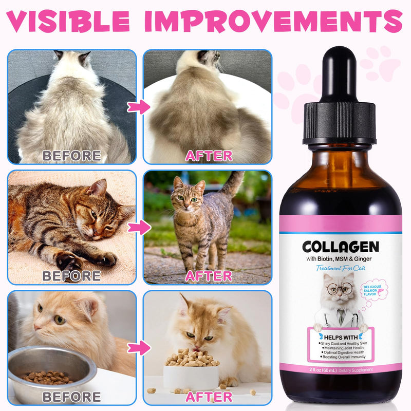 Liquid Collagen for Cats, Cats Collagen Liquid Drops with Biotin, MSM & Ginger Immunity Support, Itch Relief, Skin & Coat and Joint Health Supplement for Cat 60ml