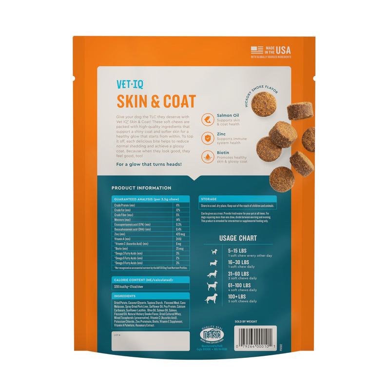 VetIQ Skin and Coat Supplement for Dogs, Helps Maintain Healthy Skin and Shiny Coat, Hickory Smoke Flavor Dog Chew, Made in The USA, 90 Count