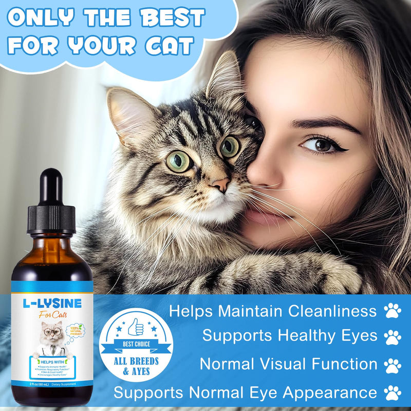 Natural Cat Lysine Drops for Immune Support – L-Lysine Supplement with Astragalus & B Vitamins for Respiratory Health, Tear Stain Relief, Skin & Coat Care – 100% Natural Liquid Drops for Cats(2 fl oz)