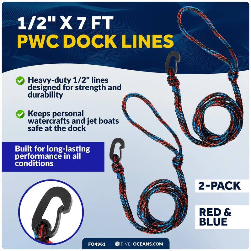 Five Oceans 1/2" x 7 Ft PWC Dock Line, Dock Lines for Boats with Giant Snap Hook, 2-Pack, Black, Red & Blue - Mooring Rope for Boats, Jet Ski, Kayak, Watercraft & Canoe - FO4961 Red/Blue