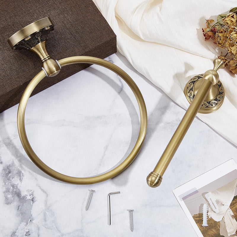 2 Pieces Set Antique Brass Toilet Paper Holder Brass Hand Towel Ring Tissue Roll Paper Hanger Round Hand Towel Holder Wall Mounted Bathroom Hardware Accessories Set(Round)